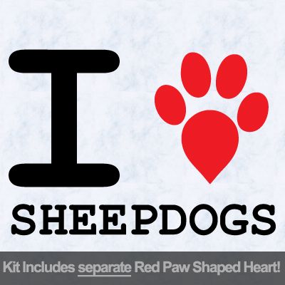 I Love Sheep Dogs with Red Paw Heart Iron on Transfer